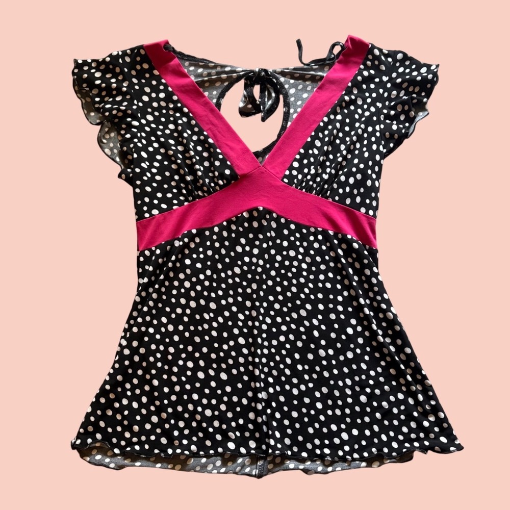 Wrapper Y2K Polka Dot Top Black Pink Flutter Sleeve Lettuce Hem Keyhole Tie Back